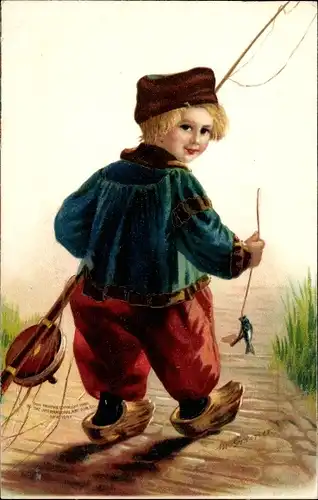 Künstler Ak Kind in niederländischer Tracht, Angler