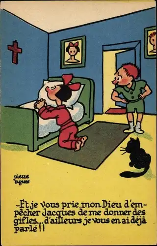 Künstler Ak Betendes Mädchen, Bilder, Katze