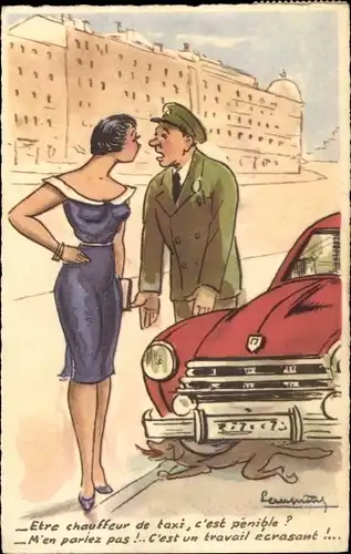 Künstler Ak Autofahrer und Hund unter dem Auto, Gespräch mit Frau