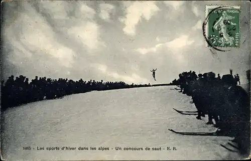 Ak Les sports d'hiver dans les alpes, un concours de saut, Skispringer
