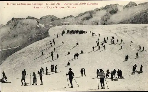 Ak Superbagnères Luchon Haute Garonne, Schlitten, Skifahrer