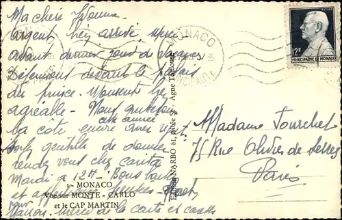 Ak Monte Carlo Monaco, Vue sur Monte Carlo et le Cap Martin