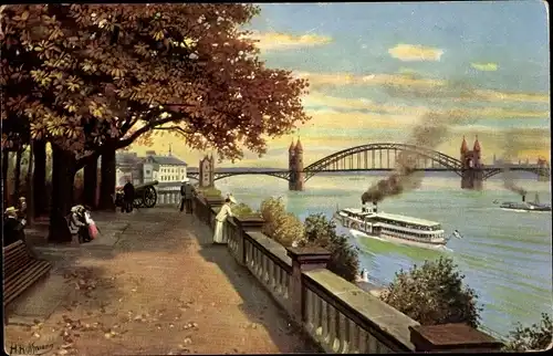 Künstler Ak Hoffmann, H., Bonn in Nordrhein Westfalen, Blick vom alten Zoll, Brücke, Fluss, Boot