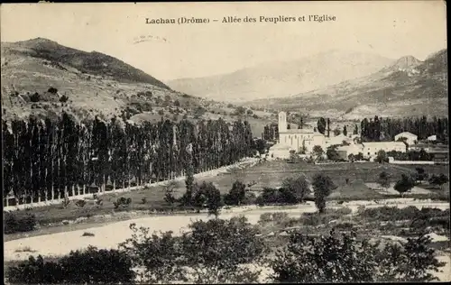 Ak Lachau Drôme, Allee des Peupliers et l'Eglise