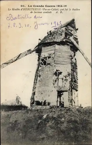 Ak Hebuterne Pas de Calais, Le Moulin d'Hebuterne, zerstörte Windmühle