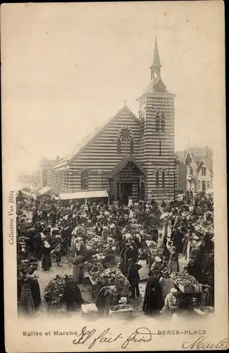 Ak Berck Plage Pas de Calais, Markt an der Kirche