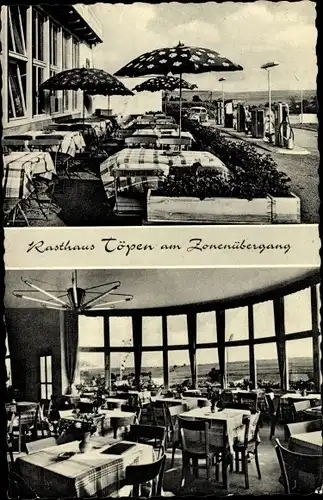 Ak Töpen in Oberfranken, Rasthaus Töpen am Zonenübergang, Gastraum, Terrasse