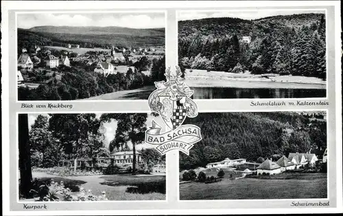 Wappen Ak Bad Sachsa im Harz, Schmolzteich, Katzenstein, Schwimmbad, Blick vom Knickberg