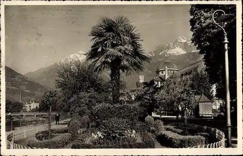 Ak Meran Merano Südtirol, Gartenanlagen. Im Hintergrund Berge, Kurgarten