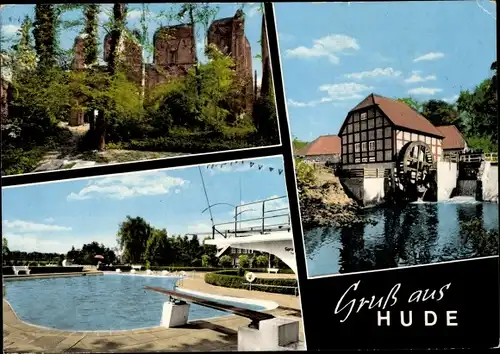 Ak Hude in Oldenburg, Teilansicht der Ruine, Wassermühle, Freibad