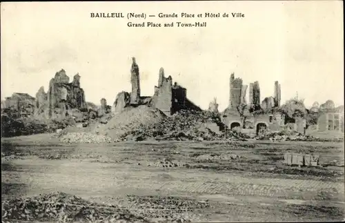 Ak Bailleul Nord, Grande Place et Hotel de Ville, Kriegszerstörung 1. WK