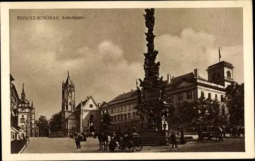 Ak Teplice Teplitz Schönau Reg. Aussig, Schlossplatz, Kutschen, Denkmal