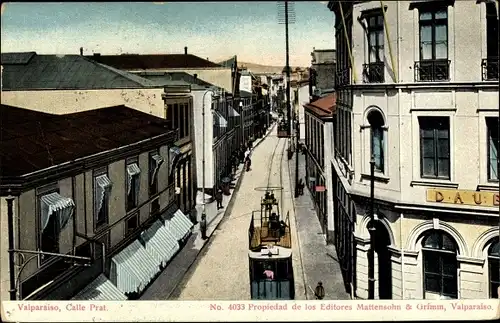 Ak Valparaíso Chile, Calle Prat, Straßenpartie, Straßenbahn