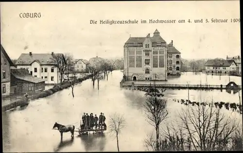 Ak Coburg in Oberfranken, Heiligkreuzschule, Hochwasser 1909