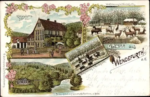 Litho Wendefurth Thale im Harz , Grasshoff's Hotel, Pavillon, Wildfütterung, Waldlandschaft