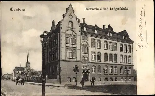 Ak Duisburg im Ruhrgebiet, Hüttenschule, Ludgerikirche