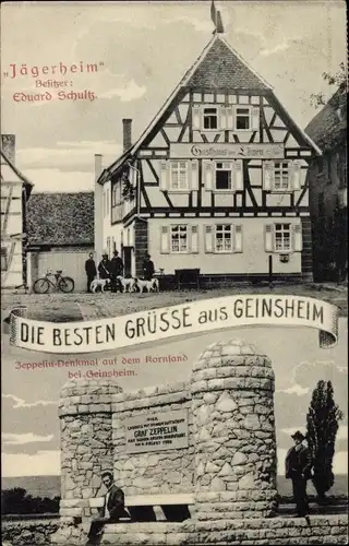 Ak Geinsheim Trebur am Rhein Hessen, Jägerheim, Zeppelin Denkmal auf dem Kornsand