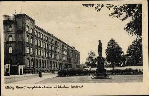 Ak Elbląg Elbing Westpreußen, Verwaltungsgebäude Schichau mit Schichau Denkmal