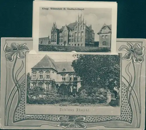 Leporello Ak Rheydt Mönchengladbach am Niederrhein, Schloss, Webeschule, Stadtansichten