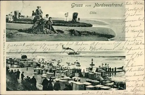 Ak Gruß vom Nordseestrand, Strandpartie bei Ebbe und Flut