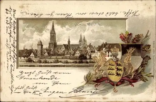 Präge Wappen Litho Ulm an der Donau Baden Württemberg, Stadtansicht von Neu Ulm aus