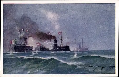 Künstler Ak Heusser, Harry, Österreichisches Kriegsschiff, SMS Erzh. Ferdinand Max, bei Lissa