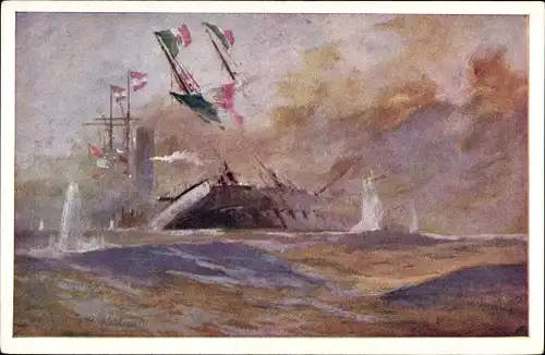Künstler Ak Heusser, Harry, Österreichisches Kriegsschiff rammt ital. Kriegsschiff Re d'Italia