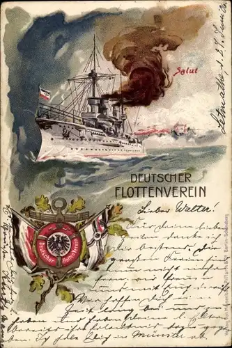 Litho Deutscher Flottenverein, Deutsches Kriegsschiff, Salut, Fahnen, Kaiserliche Marine