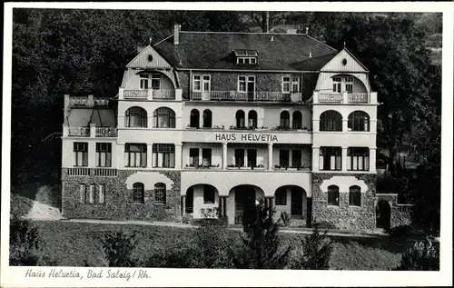 Ak Bad Salzig Boppard Mittelrhein, Frontansicht Haus Helvetia mit Balkonen und Terrasse