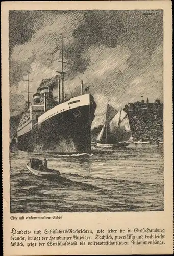 Künstler Ak Hamburg Mitte, Zeichnung, Elbe mit einkommendem Schiff, Gesamtansicht