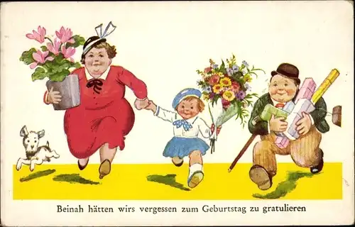 Ak Glückwunsch Geburtstag, Beinah hätten wirs vergessen, Familie, Geschenke, Blumen