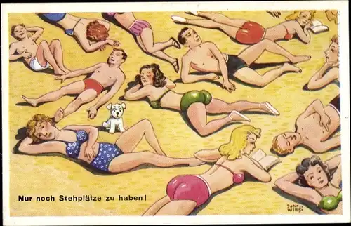 Künstler Ak Wills, John, Nur noch Stehplätze zu haben, Personen in Badebekleidung am Strand
