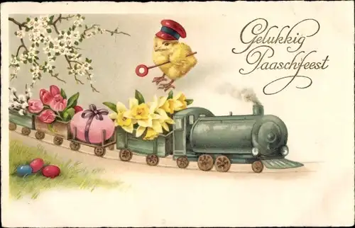 Ak Glückwunsch Ostern, Vermenschlichtes Küken als Schaffner, Dampflok, Ostereier