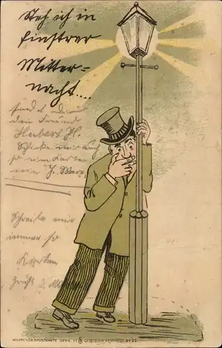 Ak Steh ich in finstrer Mitternacht, betrunkener Mann an Straßenlaterne gelehnt