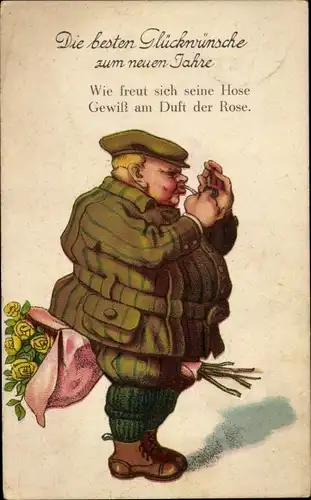 Ak Glückwunsch Neujahr, Wie freut sich seine Hose am Duft der Rose