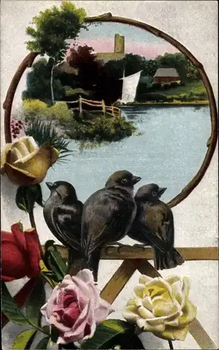 Passepartout Ak Schwarze Vögel, Rosenblüten, Landschaft mit Burgruine