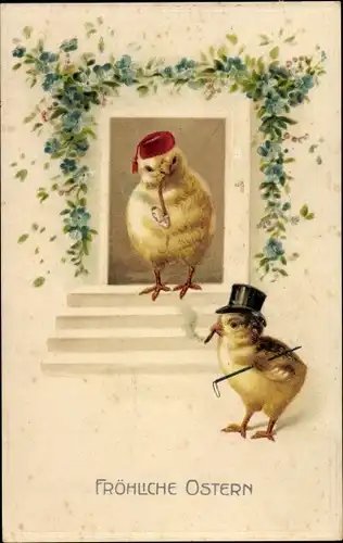 Ak Glückwunsch Ostern, Vermenschlichte Küken vor einer Haustür