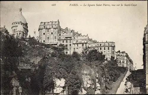 Ak Paris XVIII. Arrondissement Buttes-Montmartre, Le Square Saint Pierre, vue sur le Sacre Coeur