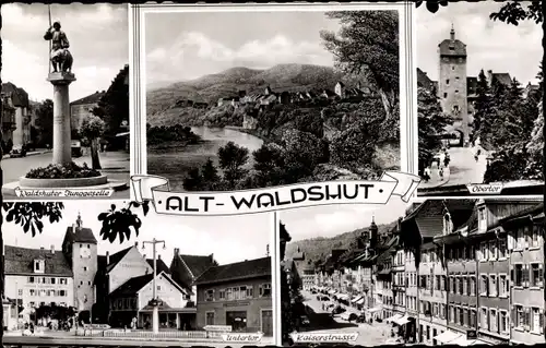 Ak Alt-Waldshut Tiengen am Hochrhein, Waldshuter Junggeselle, Obertor, Untertor, Kaiserstraße
