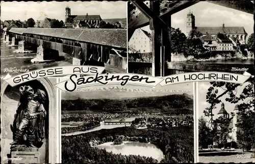 Ak Bad Säckingen am Hochrhein, Rheinbrücke, Münster, Schloss, Trompeter, Panorama
