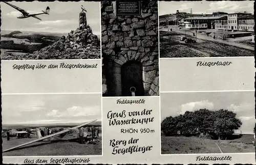 Ak Gersfeld in der Rhön Hessen, Wasserkuppe, Fuldaquelle, Fliegerlager, Segelflug ü. Fliegerdenkmal