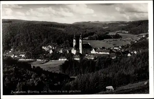 Ak Zwiefalten in Baden Württemberg, Panorama, Kuh weidet