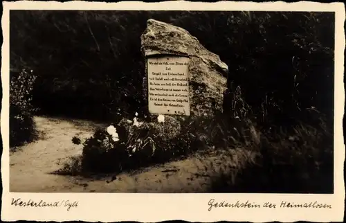 Ak Westerland auf Sylt, Gedenkstein auf dem Friedhof der Heimatlosen