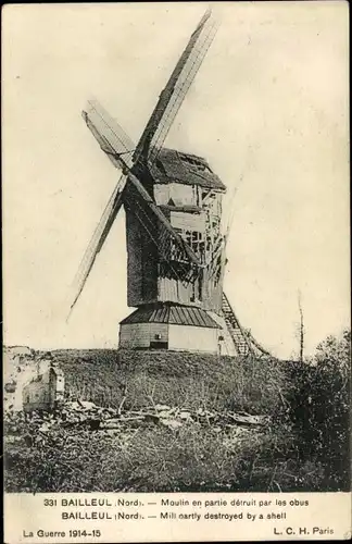 Ak Bailleul Nord, Windmühle, Kriegszerstörung I. WK