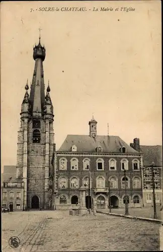 Ak Solre le Château Nord, Mairie et Eglise, Rathaus und Kirche