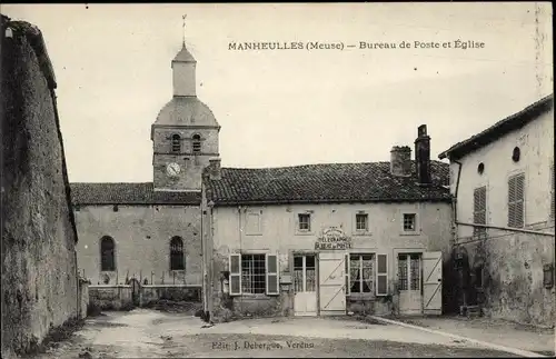 Ak Manheulles Meuse, Bureau de Poste et Église