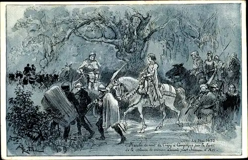 Künstler Ak Robida, A., Compiègne Oise, Jeanne d'Arc zu Pferde, Ritter, 1430
