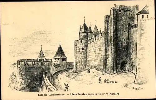 Künstler Ak Robida, A., Carcassonne Aude, Lices hautes sous la Tour Saint Nazaire