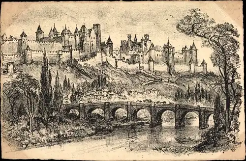 Künstler Ak Robida, A., Carcassonne Aude, Burg, Brücke, Fluss