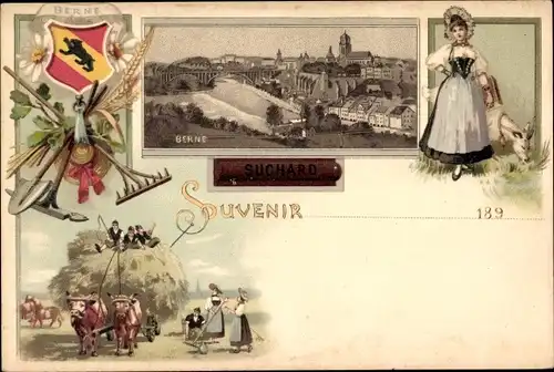 Wappen Litho Bern Stadt Schweiz, Stadtpanorama, Frau in Volkstracht, Heuwagen, Feldarbeiter, Suchard